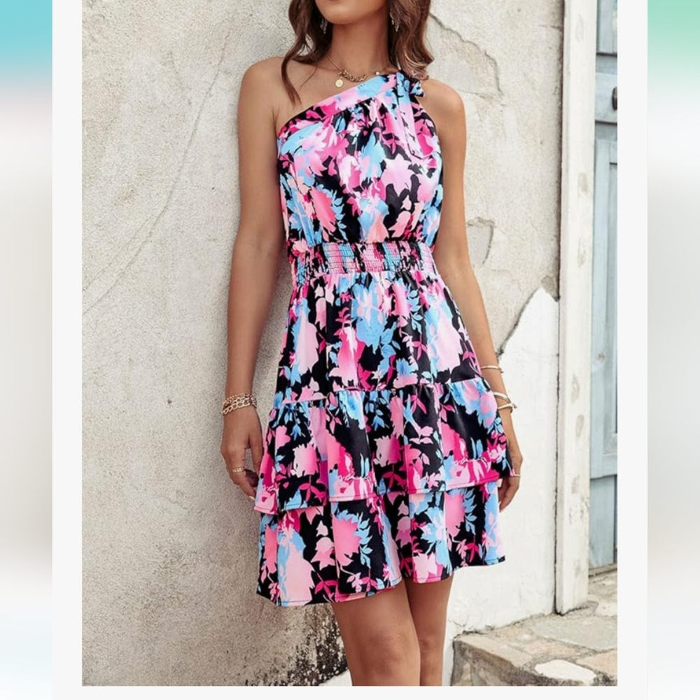 Chic One-Shoulder Floral Dress in Pink and Blue